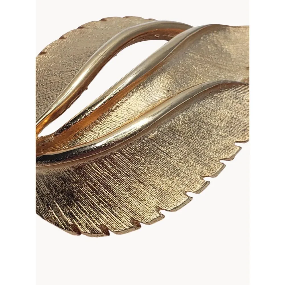 MCM Curled Leaf Brooch Pin Triple Leaves Brushed Gold Tone Old Money Piece 1950s